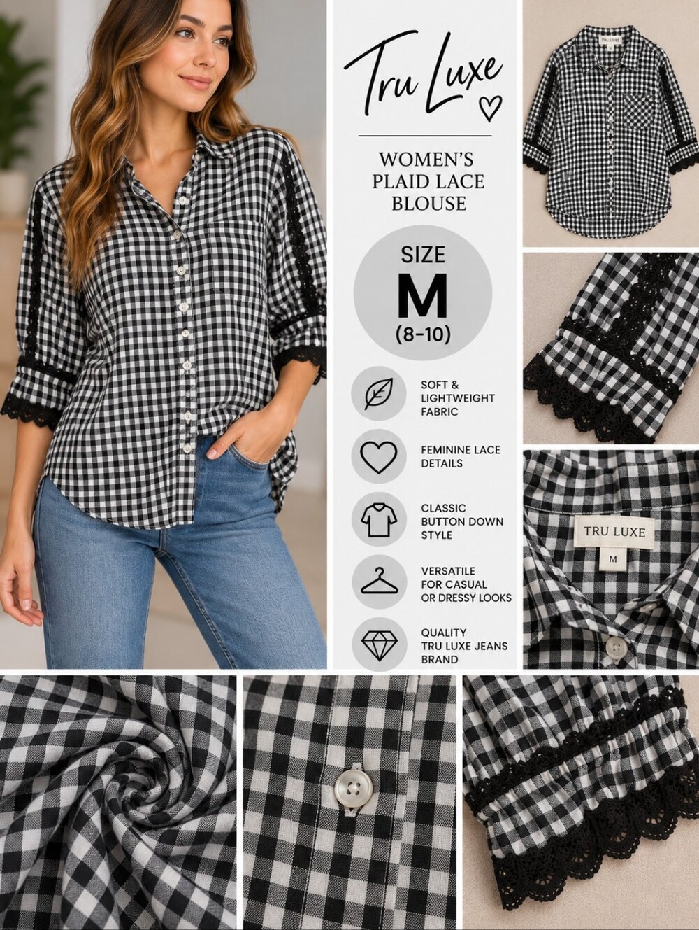 Tru luxe women's medium black plaid lace blouse #37